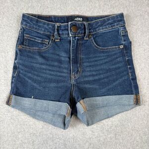 Aero Womens Size 2 High Rise Midi Shorts Blue Dark Wash Cuffed Hem Stretch